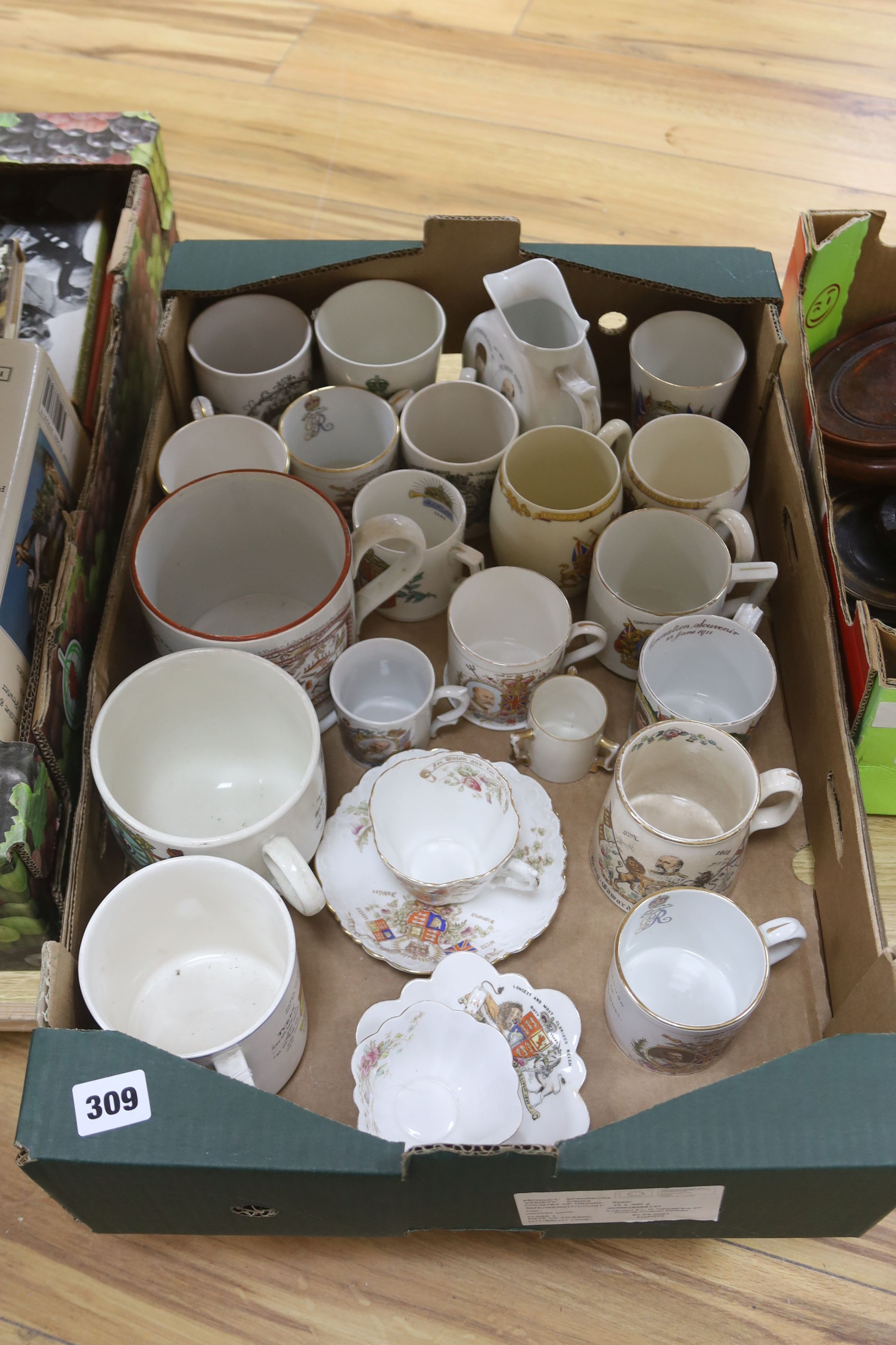 A collection of commemorative ceramics, including a pearlware Orangemen mug dedicated to William III, 11.5cm high